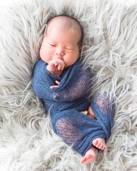 Lovely Newborn Asian Baby Boy Swaddled Purple Knitted Mohair Wrap — Stock Photo, Image