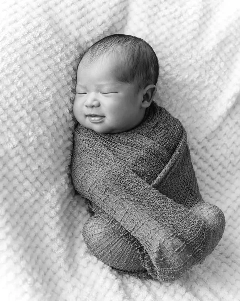 Smiling Newborn Asian Baby Boy Swaddled Purple Knitted Mohair Wrap — Stock Photo, Image