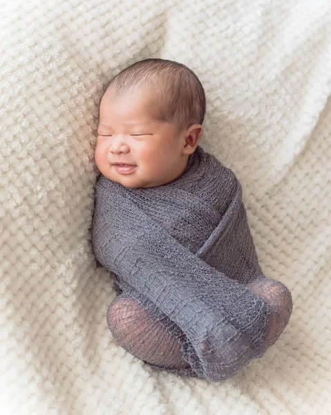Smiling Newborn Asian Baby Boy Swaddled Purple Knitted Mohair Wrap — Stock Photo, Image