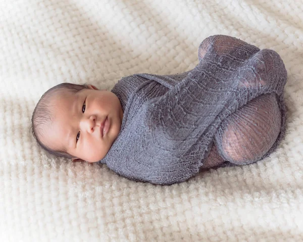 Novorozeně Asijské Boy Zabaleného Fialový Pletený Mohérový Wrap Krásný Portrét — Stock fotografie