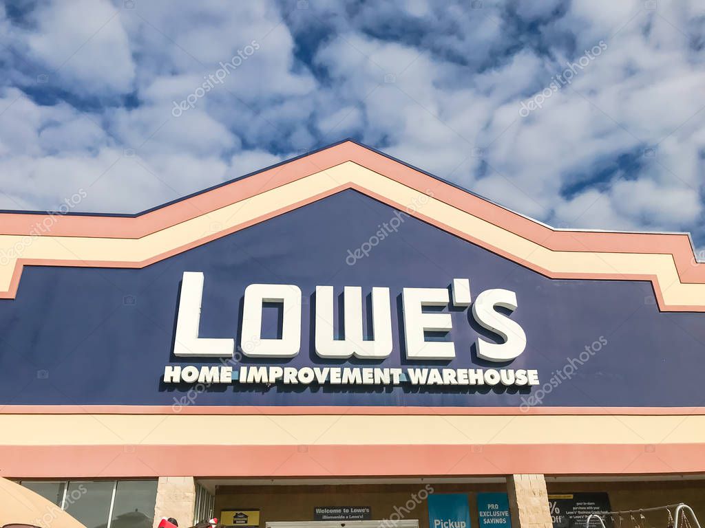 CARROLLTON, TX, US-DEC 9, 2018:Close-up logo at entrance facade of Lowe's Companies store chain, American retail company specializing in home improvement, based in Mooresville, North Carolina
