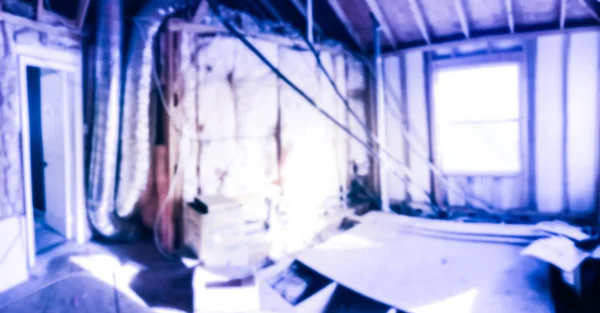 Panorama Wazig Abstract Binnen Houten Huis Zolder Isolatie Met Hvac — Stockfoto