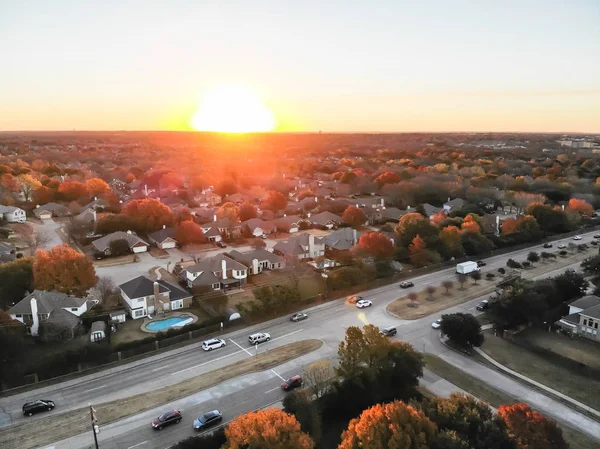 Aerial View Residential Neighborhood Highway Traffic Fall Sunset Flower Mound — Stock Photo, Image