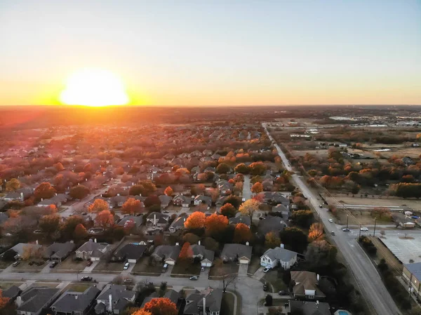 Aerial View Residential Neighborhood Highway Traffic Fall Sunset Flower Mound — Stock Photo, Image