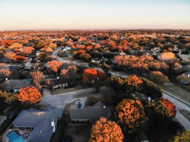Sonbahar günbatımı, Dallas, Texas, ABD, büyük banliyösünde Konut Evleri üzerinden hava dron görünüm. Wells şube ve kıyı köşe yerel sokak ve renkli sonbahar yaprakları ile banliyö
