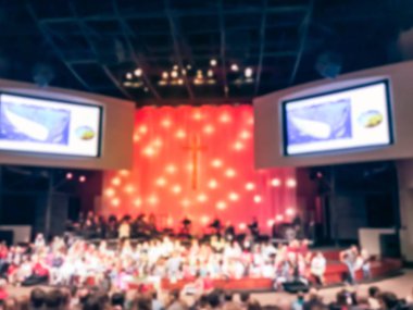 Soyut Masal saati çocuklar için kilise sahnede Amerika'da Noel arifesi hizmet sırasında bulanık