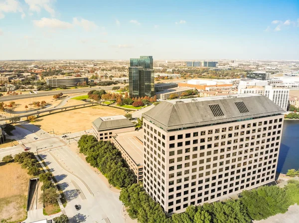 Top view light rail system and skylines in downtown Las Colinas,