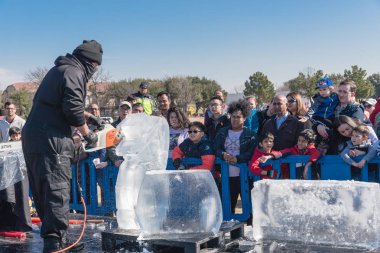 Irving, Tx, bize-Jan 26, 2019: Buz heykel ücretsiz Kış Festivali, Irving, Texas, yıllık Frost Fest demoları izlerken, featuring nadir görülen kabarık kar ve eğlenceli insanlar çeşitli grup faaliyetleri
