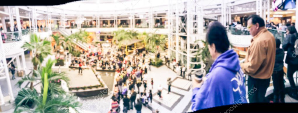 Panoramic view blurry background free music show performance stage at shopping mall in USA