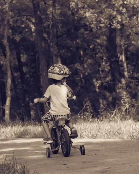 Відфільтроване зображення назад вид здорової Азії Kid їзда на велосипеді в американському парку — стокове фото
