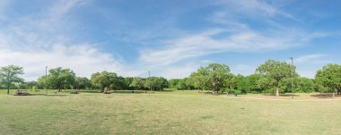 Texas, Amerika'da çim çim ve ağaç yemyeşil ile doğal bir kentsel park panoramik görünümü