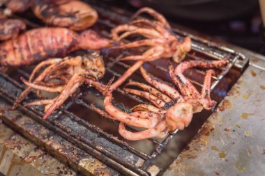 Amerika'da Asya yerel pazar Barbekü standında ızgara kalamar dokunaç