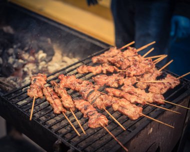 Izgara raflarında iyi pişmiş domuz Barbekü şişler yakın çekim