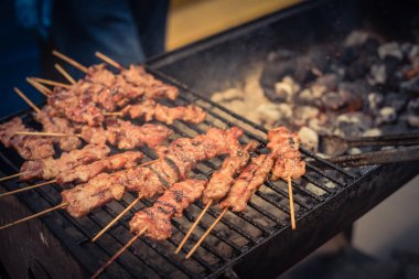 Izgara raflarında iyi pişmiş domuz Barbekü şişler yakın çekim