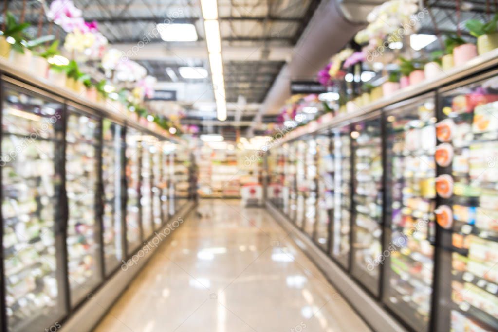 Blurry background frozen and processed food selection at American grocery store