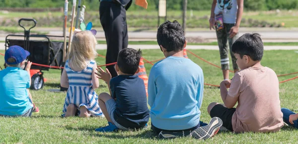 Panoramik yakın çekim arka görüş çok kültürlü çocuklar açık hava oyunu çim çayır