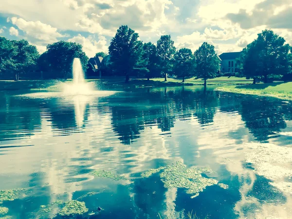 Algae and moss on pond surface with water fountain in small American neighborhood — Stock Photo, Image