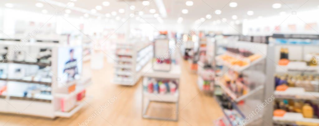 Panorama view blurry background cosmetics and makeup supplies at American beauty store