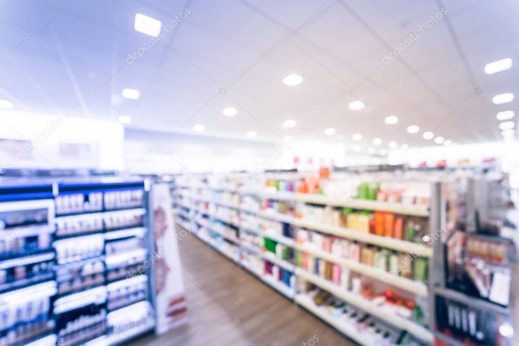 Blurry background cosmetics and makeup supplies at American beauty store