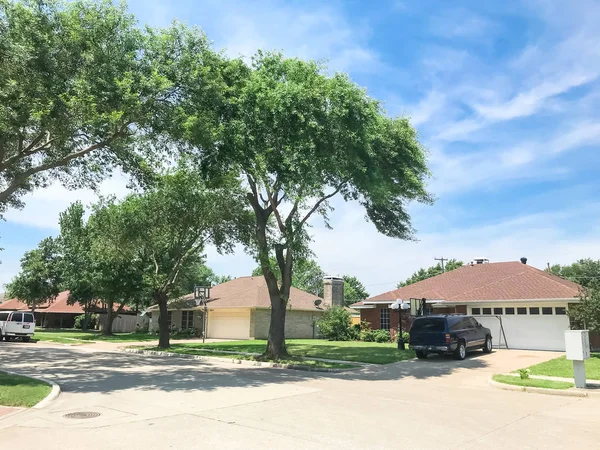 Muy barrio con árboles altos dosel, sendero y casas unifamiliares alineadas — Foto de Stock