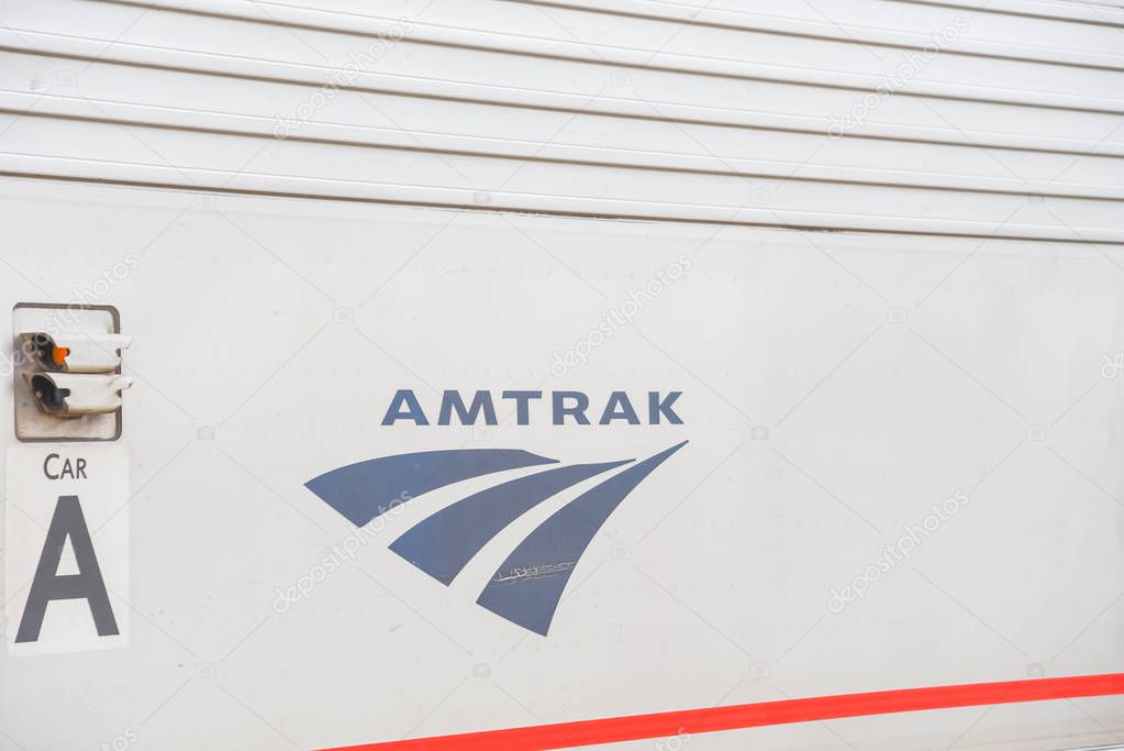FORT WORTH, TX, US-MAY 10, 2019: Close-up logo of Amtrak. The National Railroad Passenger Corporation, doing business as Amtrak, is a passenger railroad service to US, Canada