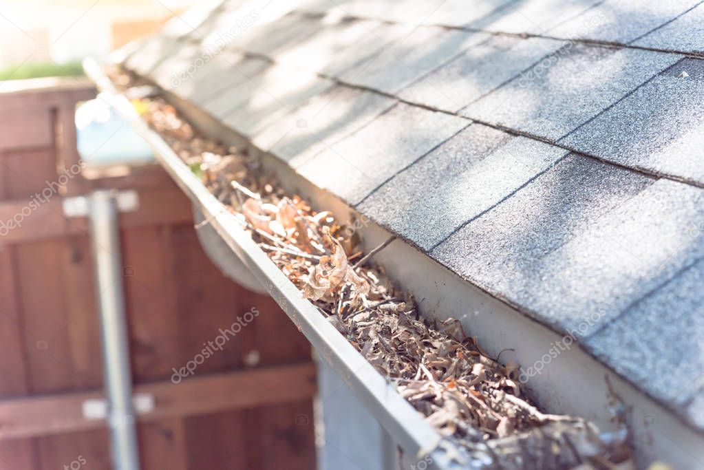 Top view gutter blocked by dried leaves and messy dirt need clean-up