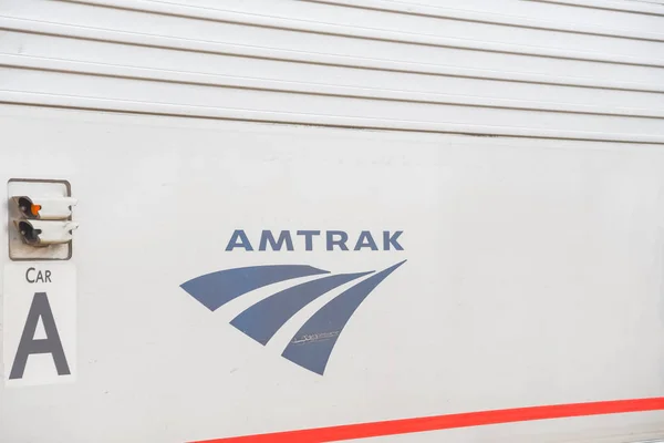 Close-up logo of Amtrak or National Railroad Passenger Corporation — Stock Photo, Image