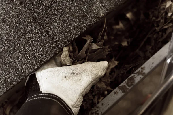 Close-up hand in gloves cleaning dried leaves from gutter in America — Stock Photo, Image