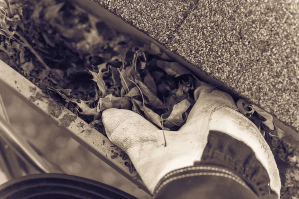 Immagine filtrata vista dall'alto mano in guanti sulla scala pulizia foglie secche dalla grondaia in America — Foto Stock