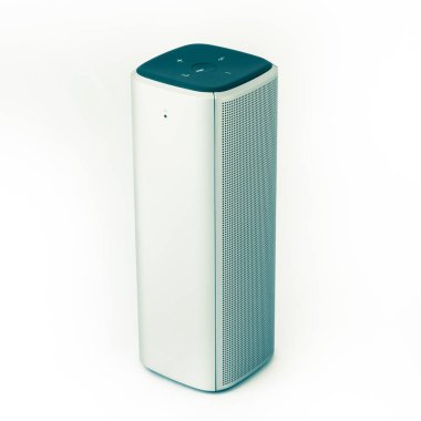 Gri bluetooth hoparlörünün filtrelenmiş görüntüsü beyaz üzerine izole edildi