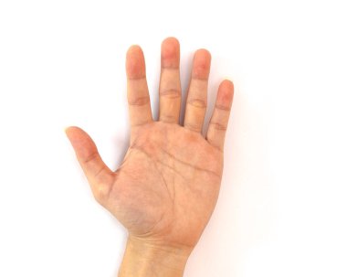 Stüdyo sol erkek elini beyaz izole vurdu