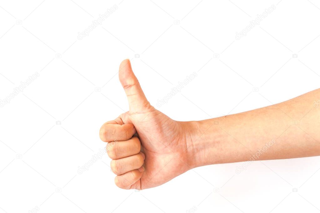 Studio shot full arm Asian man hand with thumbs up isolated on white