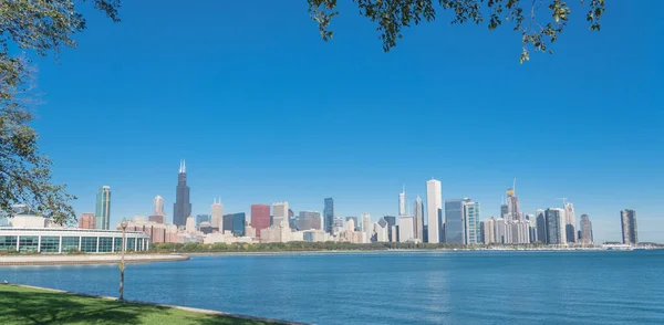 Edificios panorámicos del centro de Chicago y árboles maduros en primer plano a lo largo del lago Michigan — Foto de Stock