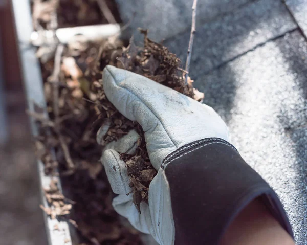 Close-up hand in gloves cleaning dried leaves from gutter in America — Stock Photo, Image