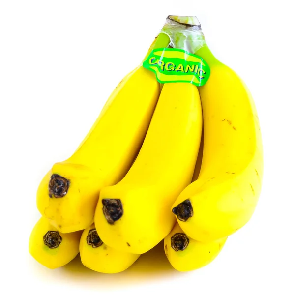 Estúdio tiro orgânico rotulado banana cluster isolado no branco — Fotografia de Stock