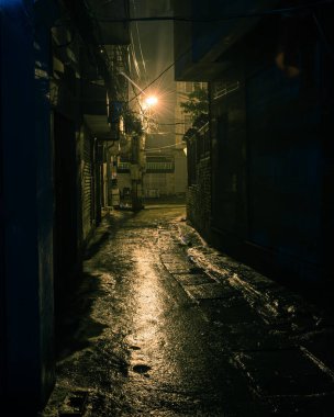 Filtrelenmiş görüntü boş ve tehlikeli görünümlü şehir arka sokağı gece vakti Hanoi banliyölerinde