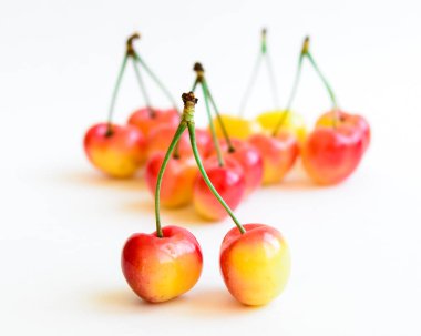 Stüdyo çekimleri iki birleşik kök Rainier kirazları ile bulanık yığın beyaz izole