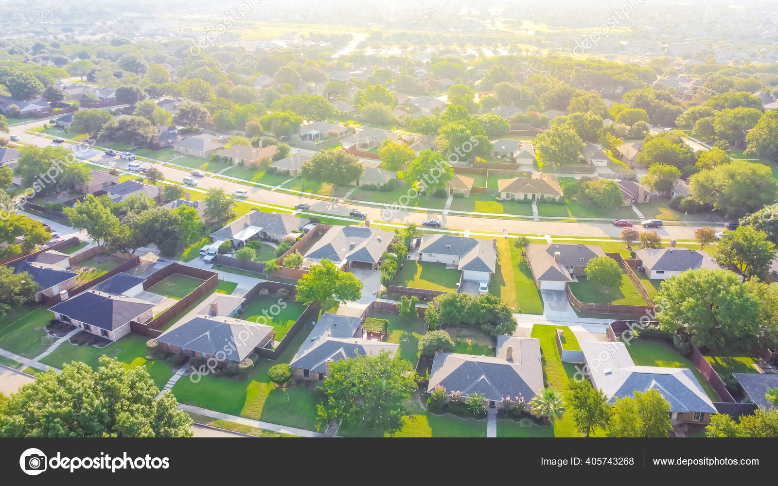 Aerial view urban sprawl subdivision near Dallas, Texas, USA row of