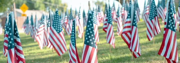 Panorama view flag stands in crisp focus against softly blurred residential houses and neighborhood street, capturing emotional clarity of remembrance in Texas patriotic 9/11 memorial landscape. USA