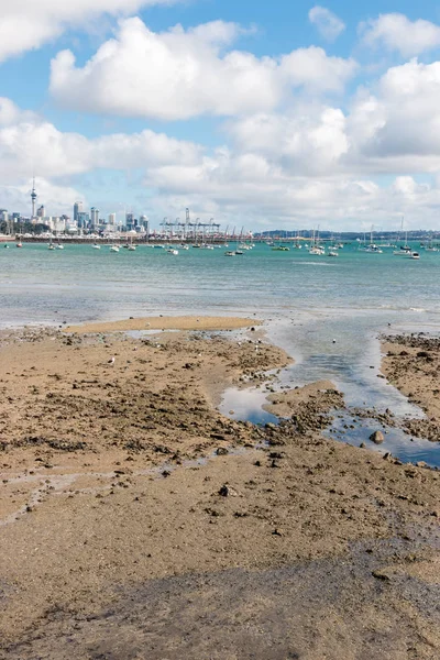 Sandstrand Bei Ebbe Mit Der Skyline Von Auckland Hintergrund — Stockfoto