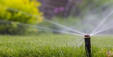 Otomatik fıskiye sistemi yeşil çimlerin arka planında çimleri suluyor