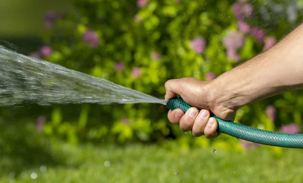 Man watering garden with hose, close-up — Stock Photo, Image