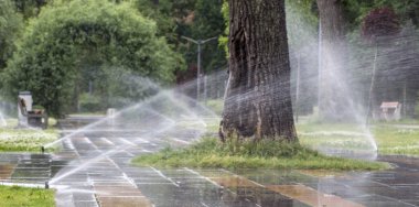 Otomatik fıskiye sistemi yeşil çimlerin arka planında çimleri suluyor