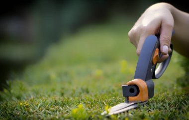 Çim yerlere ulaşmak zor, bahçıvan profesyonel makasla kesme