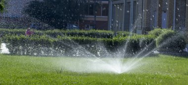 Otomatik fıskiye sistemi yeşil çimlerin arka planında çimleri suluyor