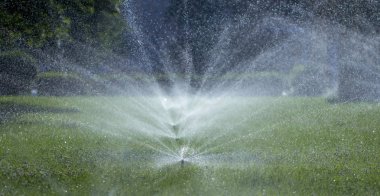 Otomatik fıskiye sistemi yeşil çimlerin arka planında çimleri suluyor