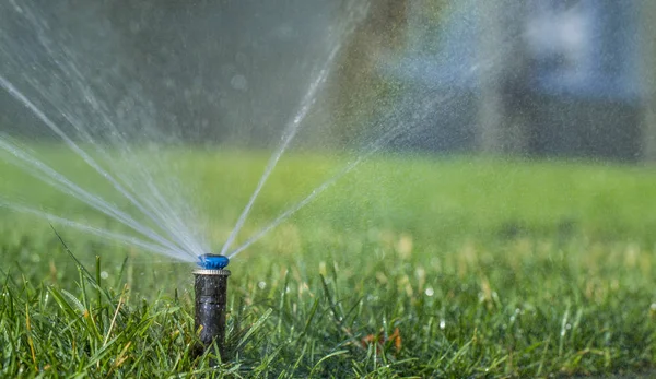 緑の草を背景に芝生に散水する自動散水システム — ストック写真