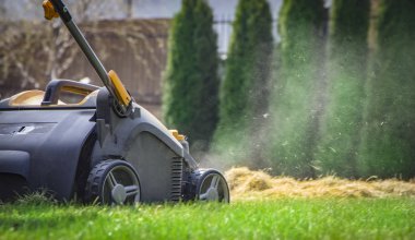 Bahçede çim havalandırma. Yeşil çimenlerin üzerinde sarı aerator yakın çekim