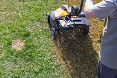 Bahçede çim havalandırma. Yeşil çimenlerin üzerinde sarı aerator yakın çekim