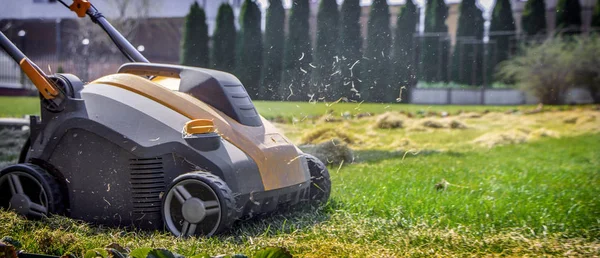 Bahçede çim havalandırma. Yeşil çimenlerin üzerinde sarı aerator yakın çekim